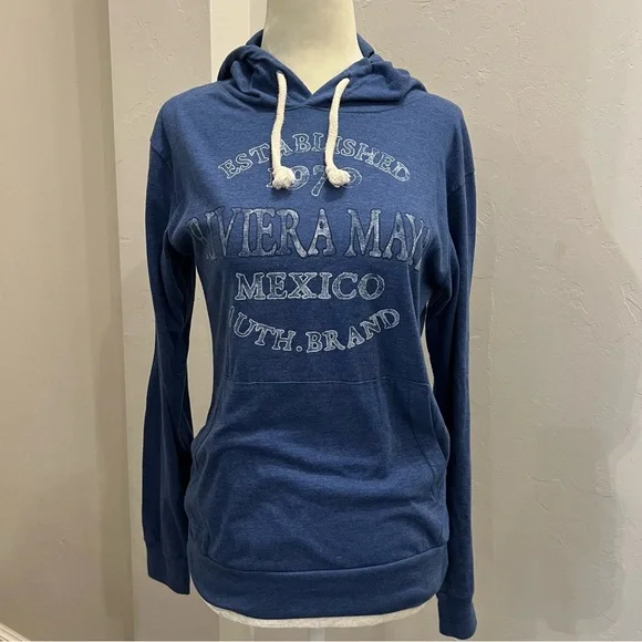 CARIBBEAN SIDE Resort/Souvenir Blue Long Sleeve Knit Hoodie Top L Riviera Maya - Picture 1 of 5